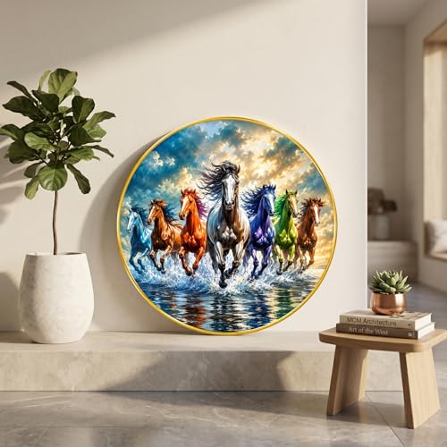 Image of SAF 7 Horse Vastu Round Wall Painting with Premium PVC Golden Frame, Colorful Running Horses Water Splash Art for Living Room Office Home Decor Gift (23 x 23 Inch) GR-446