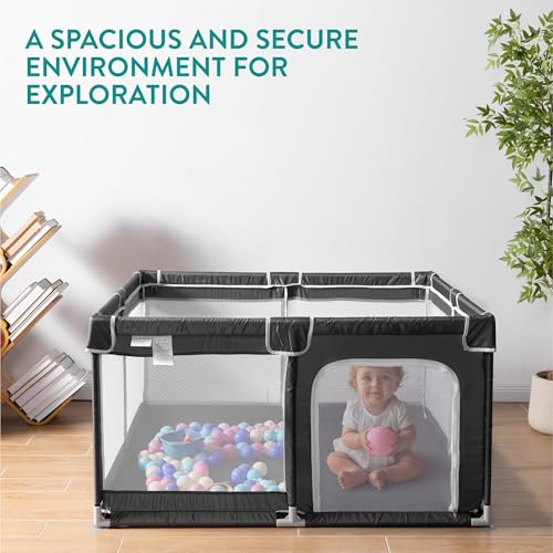 Image of Navaris Baby Large Playpen - 51.2 inch x 51.2 inch (130 x 130cm) Breathable Mesh Playground with Safety Gate - Indoors Outdoors Play Pen for Babies and Toddlers - Extra Large Play Area