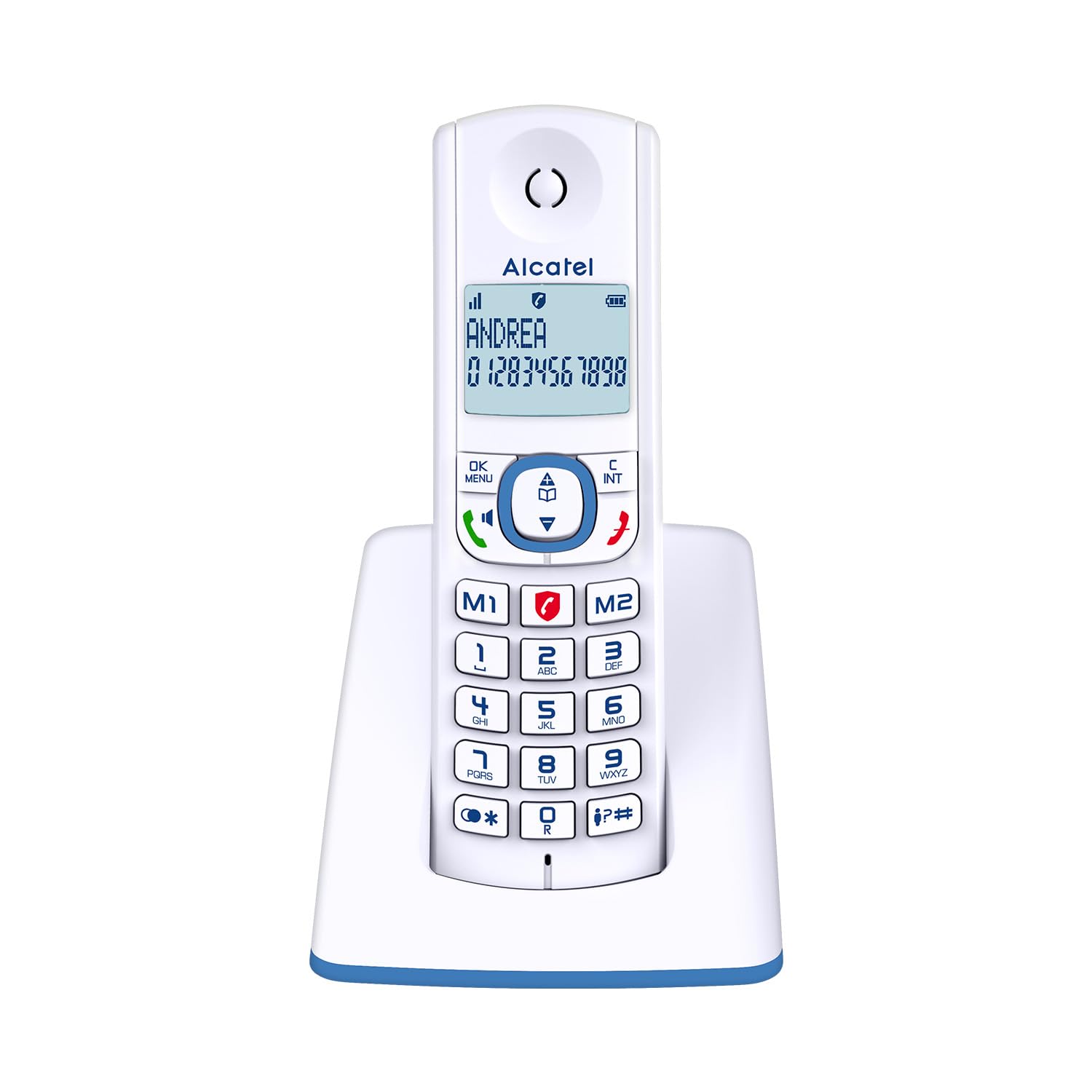 ALCATEL F530 - Téléphone Fixe Sans Fil DECT - Grand Écran Rétroéclairé - Mains Libres - Fonction Blocage Des Appels - 2 Touches De Mémoires Directes - Blanc/Bleu