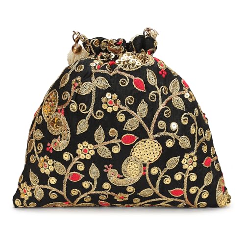 Image of LONGING TO BUY Indian Embroidered Pearl Potli Bag For Women, Sequence Design with Tassel, Wedding Potli Bags