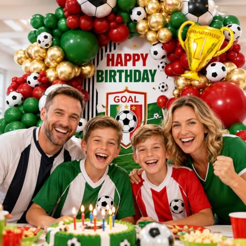Image of Soccer Party Decorations 160Pcs, World Soccer Balloon Garland Arch Kit with 18'' Football Foil Balloons, Green and Red Football Print Balloons for Boys Sports Fan Birthday Soccer Party Decor