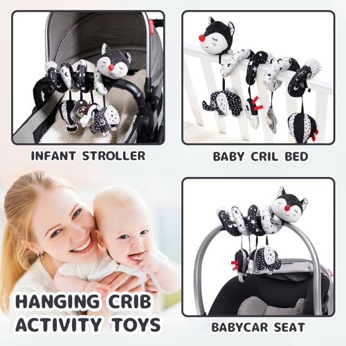 Image of Koty Car Seat Toys, Infant Baby Spiral Plush Activity Hanging Toy for Stroller Bar Pram Crib with Music Box BB Squeaker & Rattles(Black Fox)