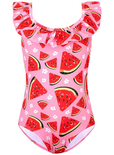 Image of XiaoMoSha Girls Swimsuits Ruffled Round Neck One Piece Bathing Suits Quick Dry UPF 50+ Summer Hawaii Swimwear for Kids 3-10T