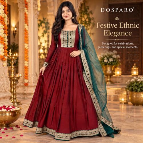 Image of Elegant Vichitra Silk Gown with Jacquard Zari Border - Includes Soft Net Dupatta with Lace Trim - Parrty Wear Ethnic Dress for Women & Girls