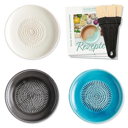 evergrate Juego de 3 ralladores de cerámica, color crema, antracita, turquesa con pinceles de cocina y cuadernos de recetas