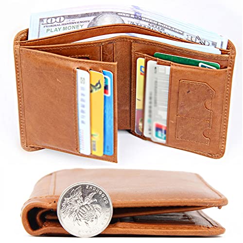 Men's Genuine Leather High Capacity Trifold Short Wallet, RFID Blocking Multifunctional Sleek Slim Photo Window and Credit Card Holder Freemasons Masonic Money Purses,Brown,Style 13