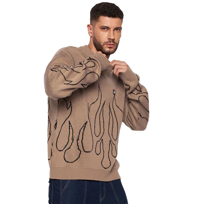 fugazee Beige Flames Oversized Sweater for Men | Acrylic Wool Fabric | Dropped Shoulder Pullover | Full Sleeves | Crew Neck Knitwear | Ribbed Neckline & Cuffs | Winter Streetwear-picture-27