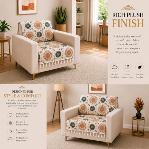 Image of Homerz Premium Printed Quilted Velvet Sofa Slip Cover Protector with Tassels, Sofa Mat, Exact Size, Antislip Cover (Mosaic, 1 Seater, Full)