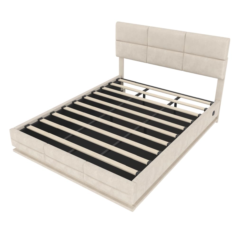 Lubvtti Cama acolchada con LED y puertos USB & TypeC, cama de matrimonio con contenedor hidráulico y cabecero regulable en altura, cama de matrimonio con canapé, terciopelo (beige, 160 x 200)
