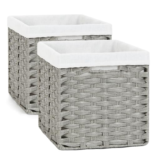 Bidtakay Wicker Cube Baskets with Liners Cube Storage Organizer for Shelves Closet 11 inch 2 Pack Decorative Hand-Woven Imitation Wicker Storage Bins for Organizing Pantry Bedroom Light Grey