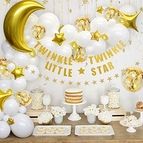 JOYMEMO Twinkle Twinkle Little Star Balloon Garland Arch Kit - Pack de 98 Ballons Lune et Guirlande d'étoiles pour garçon ou Fille Baby Shower Birthday Party Gender Reveal
