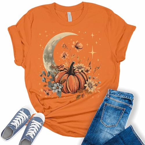 GyftWear Women's Fall Pumpkin Shirts Floral Boho Moon Graphic Tees Halloween Plus Size Tops