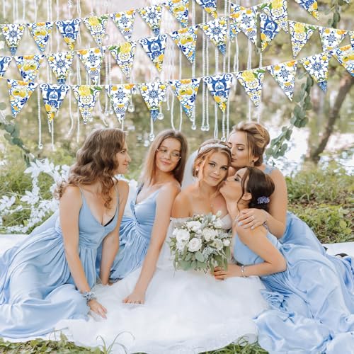 Image of Faccito 5 Pcs Blue Tiles Lemon Pennant Banners Amalfi Coast Party Decorations Italian Theme Blue Tiles Yellow Lemon Triangle Flags Summer Lemonade Decor for Wedding Bridal Shower Birthday Supplies
