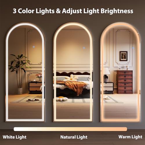 Image of Koonmi Arched LED Full Length Mirror 26 inch x 65 inch Wall Mounted /Standing Full Body Mirror with Dimmable & 3 Color Lighting, Aluminum Alloy Frame, Tempered Glass, Safe to Use, for Bedroom /Cloakroom