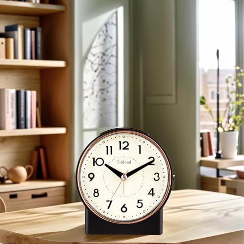 Image of Tinload 4.3 inch Retro Analog Alarm Clock, Vintage Decor, No Ticking Silent, Easy to Set, Gradual Rise Alarm, On /Off Switch on Side, Gentle Wake, Snooze, Lighted on Demand, Battery Operated, Retro Black