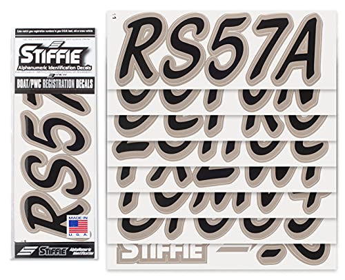 Image of STIFFIE Whipline Solid Black /Pewter 3 inch Alpha-Numeric Registration Identification Numbers Stickers Decals for Boats & Personal Watercraft