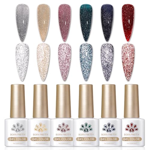 Born Pretty Reflective Glitter Gel Nail Polish, 6 Colors Silver R...