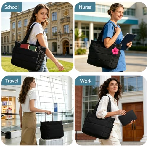 Image of Puffer Tote Bag for Women Quilted Nurse Bag Lightweight Work Bag for Teacher Travel Handbag with Multiple Pockets