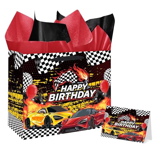 Jiaoiudi Race Car Gift Bag with Tissue Paper GReeting Card Cars Gift Bag Large with Handles