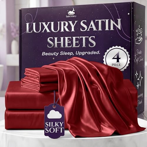 SLEEP SANCTUARY Satin Sheets King Size 4 Piece Luxury Silky Bed Set Softer Than Silk 15 Deep Pocket Cooling & Wrinkle-Free Moisture-Wicking & Breathable for Hair & Skin (Red)