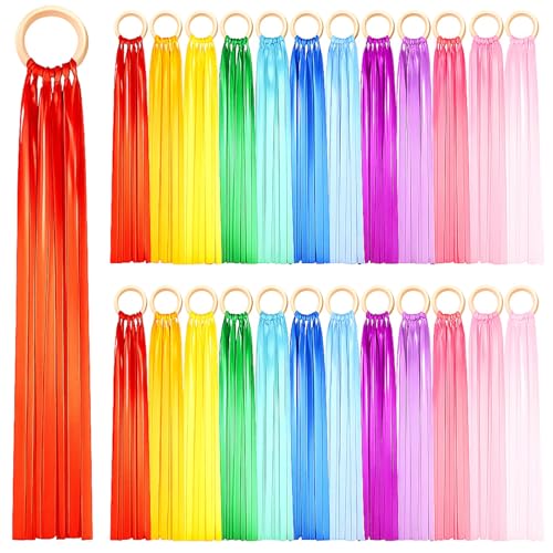 Image of Junkin Ribbon Rings Hand Kite Waldorf Toys Dancing Wrist Ribbons Rainbow Streamers with Wood Ring Educational Toy for Playroom Dancing Birthday Party Gift(Solid Color,24 Pcs)