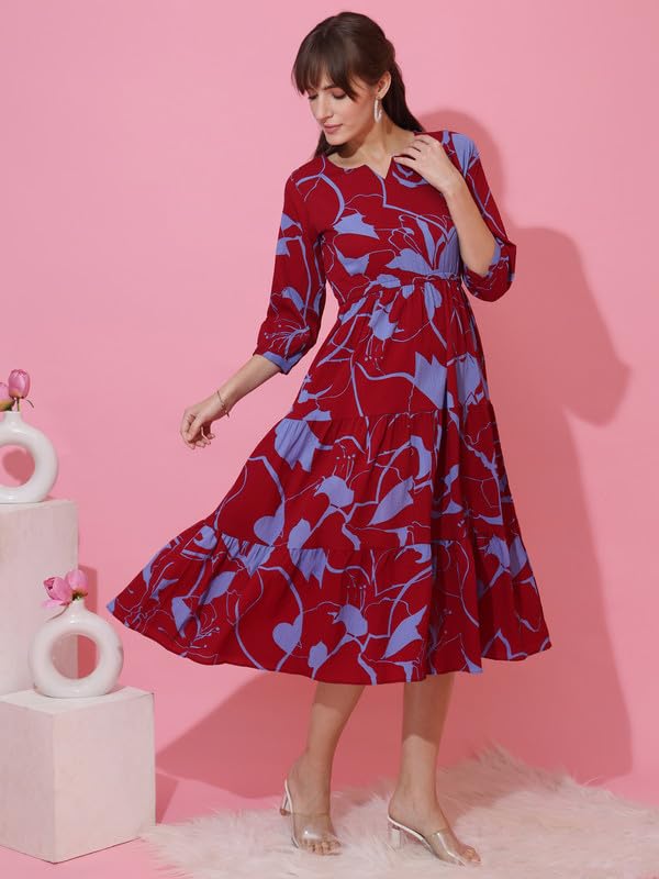 Image of Sheetal Associates Women's Casual 3 /4 Sleeve Crepe Fit and Flare Dress| Comfortable Relaxed Fit Summer Party Dress
