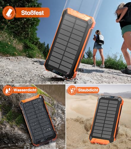 Image of GOODaaa Wireless Solar Power Bank 26800 mAh with 6 Outputs and 4 Inputs, 15 W Quick Charge Solar Charger with Integrated Torch and Carabiner Hook for Camping and Outdoor Use