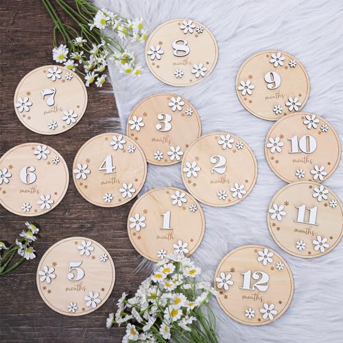 Whaline 12Pcs Baby Monthly Milestone Cards 3D Daisy Wooden Marker...