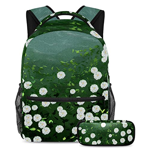 Sac à dos camélia blanc et sa trousse zippée contre le désordre des fournitures