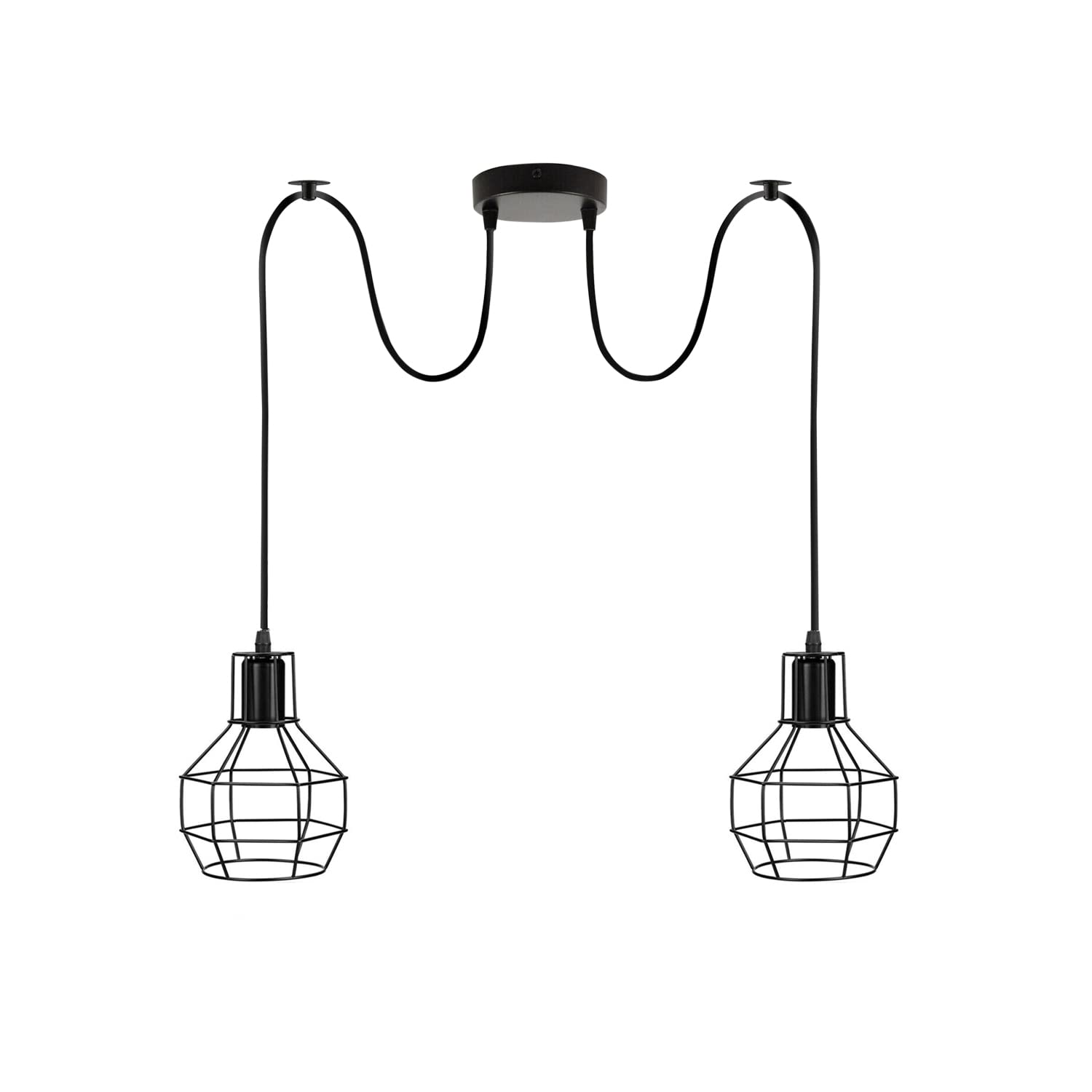 LEDSone Industrial 2 Head Ceiling Pendant Light – Black 15cm Wire Cage Lampshade Indoor Fitting for Home Décor, Kitchen, Living Room, Café, Improvement Essential