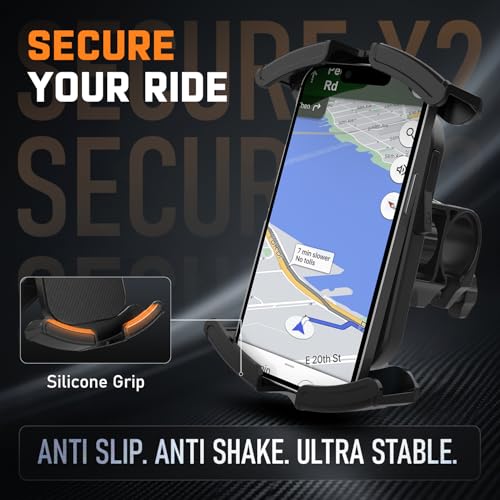 Image of Amkette iGrip Secure X2 Bike Phone Holder for Bikes & Scooters | Handelbar Mount Mobile Holder with One-Press Lock | Anti-Slip Silicone Grip | Fits 4.7 inch-7.0 inch Smartphones | Black