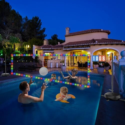 Oswerpon Pool Volleyball Net Set with LED Lights 15-32FT Width Adjustable