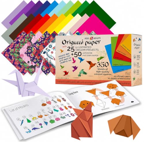 Origami Paper | 350 Origami Paper Kit | Set Includes - 300 Sheets 20 Colors 6x6 | 50 Traditional Japanese Patterns | Origami Book 25 Easy Colored Projects | Kids Crafts | Christmas Gifts for boys 8-12