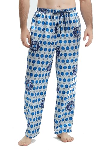 Mens Christmas Satin Pajama Pants Set, Silky Feeling Lounge Pants, Long PJ Bottoms with Pockets and Button Fly