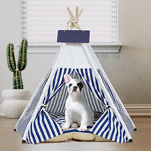 Tienda de Campaña para Mascotas, Perrera portátil y Perrera para Gatos, Tienda de campaña Plegable extraíble y Lavable para Mascotas con tapete y Pizarra(Azul y Blanco)