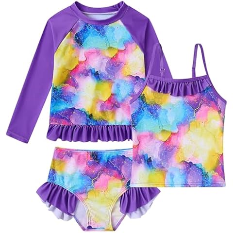 BFUSTYLE Rash Guard for Girls 3 Piece Swimsuit Size 5 Long Sleeve Bathing Suit Kids Marble Swimwear 5-6 Years Sun Protection Little Girls Tankini Cover