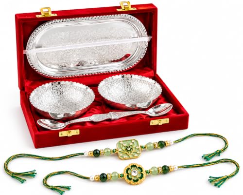 Image of Jaipur Ace Rakhi Gift Hamper for Bhaiya Bhabhi with Silver Plated Bowl Set, Pooja Thali, 2 Designer Rakhis, Roli Chawal, Raksha Bandhan Gift Set for Brother Bhabhi, Premium Rakhi Combo with Red Velvet Box