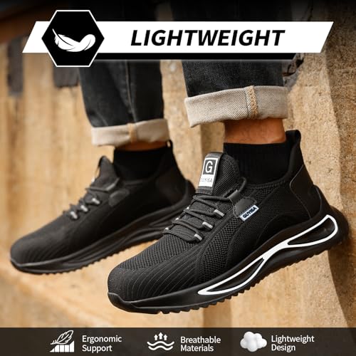 Image of GLANOUDUN Steel Toe Work Shoes for Men, Lightweight Black Work Shoes with Puncture Resistant Midsole, Comfortable Safety Footwear for Warehouse Construction