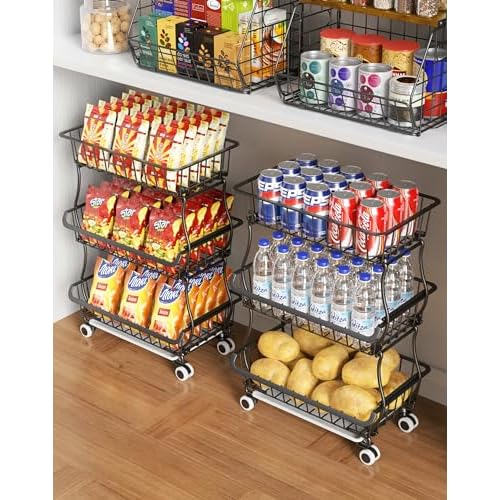 3-Tier Rolling Pantry Floor Organizer and Storage Cart with Wheels, Stackable Wire Pantry Baskets for Pantry Shelves, Kitchen Fruit Basket Stand and Storage Rack for Fruit Snack Onion Potato
