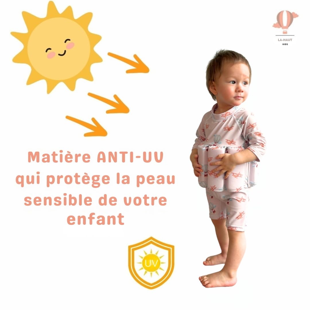 Maillot de Bain Enfant garçon Une pièce Aide à la flottabilité, Flotteurs retirables pour sécurité Confiance, Protection Anti-UV+, Motif Montgolfières Avions, Combinaison Manches Longues, Vintage