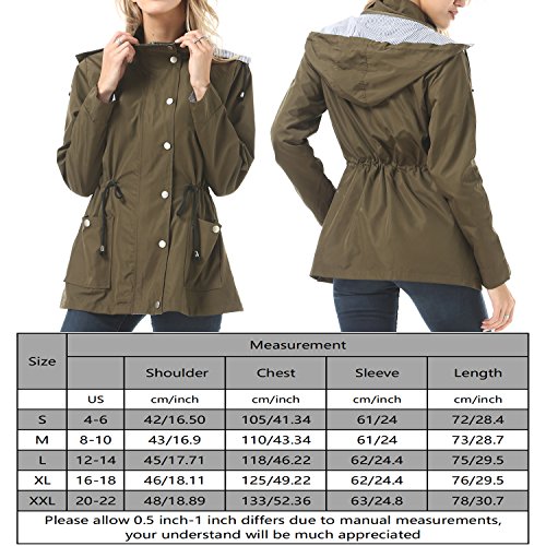 FISOUL Raincoats Waterproof Lightweight Rain Jacket Active Outdoor Hooded Women's Trench Coats Army Green