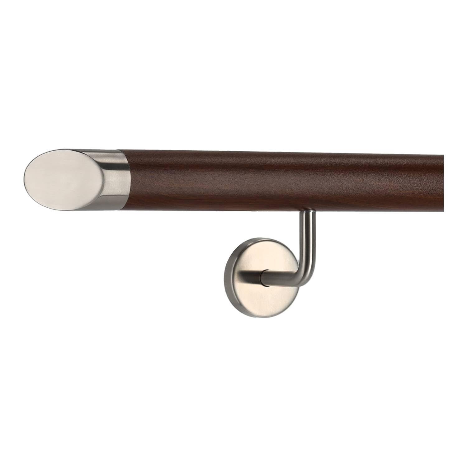 TIBU Corrimano in alluminio noce, decorazione in legno, 30-600 cm, corrimano da parete per scale, supporto in acciaio inox, lunghezza 190 cm, con 2 supporti e terminale obliquo