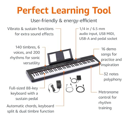 Image of Amazon Basics 88-Key Semi-Weighted Digital Piano, Electric Keyboard with Sustain Pedal, Power Supply, 2 Speakers, Lesson Mode, Recording, USB Connectivity, Black
