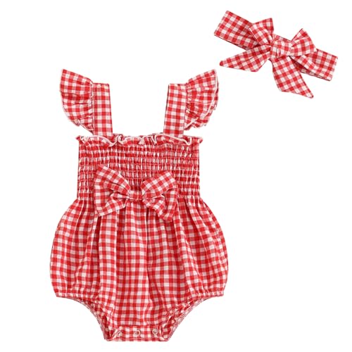 Partclots Infant Newborn Baby Girl Summer Outfit One Piece Smocked Romper Ruffle Sleeve Plaid Playsuit Headband 3 6 9 12 18M (Red Bow, 12-18 Months)