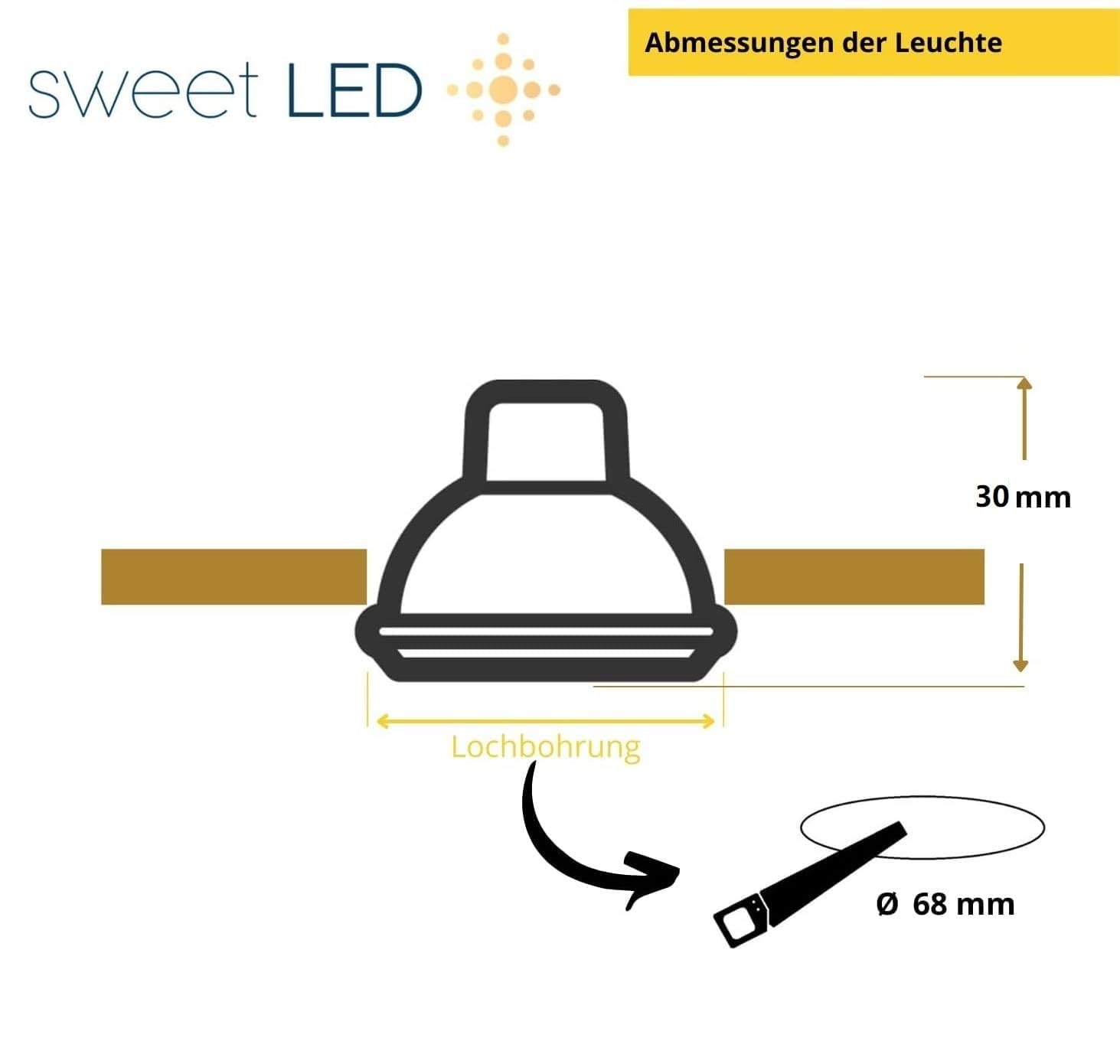 Sweet Led Einbaustrahler 230V flach dimmbar (3 Stufen) – 6er Led spots 230V - 5W 360lm - 3000K warmweiß – spots deckenleuchte - schwenkbar rund Ø68mm Lochmaß - deckenspots chrom-nickel