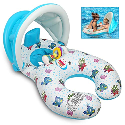 Lin-Wu-RR Inflatable Mother and Baby Safety Kids’ Swim Float Rings Swimming Ring， Baby Aid Safety Pool Boat Toys with Sun Canopy for The Age 6-36 Months Kids (White)
