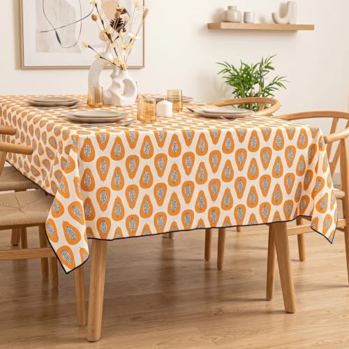 Image of R home Papaya Print Table Cover | 100% Cotton | 140 x 140 cm (56 x 56 Inch) | Decorative Table Cover with Peko Border | Ideal for Square Centre Tables, Dining, Picnics & Everyday Use