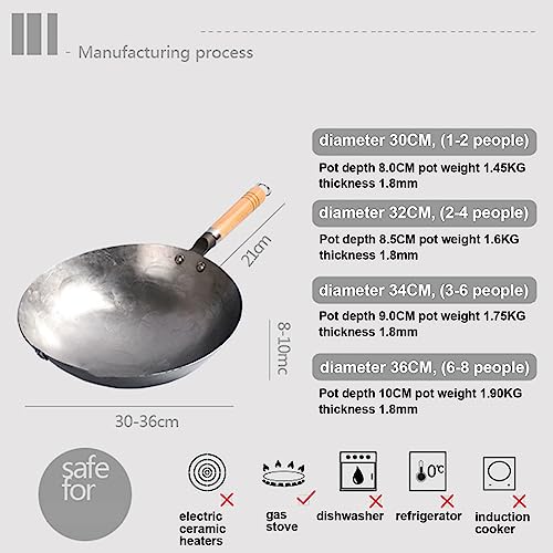 WBDWWTD Wok Cinesi in Ferro martellato a Mano, pentole antiaderenti in Acciaio al Carbonio Non Rivestito, pentole Tradizionali a Fondo Tondo con Manico in Legno, Senza Rivestimento, Meno Olio, 32 cm