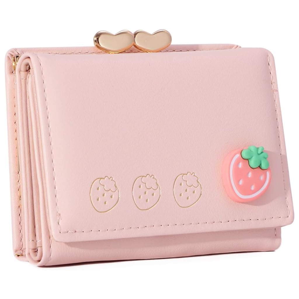 Cute Small Wallets Clutch for Teen Girl Women PU Leather Trifold Small Wallet Cash Pocket 3D Buckle Card Holder Coin Purse with ID Window for Girls Women (Pink)
