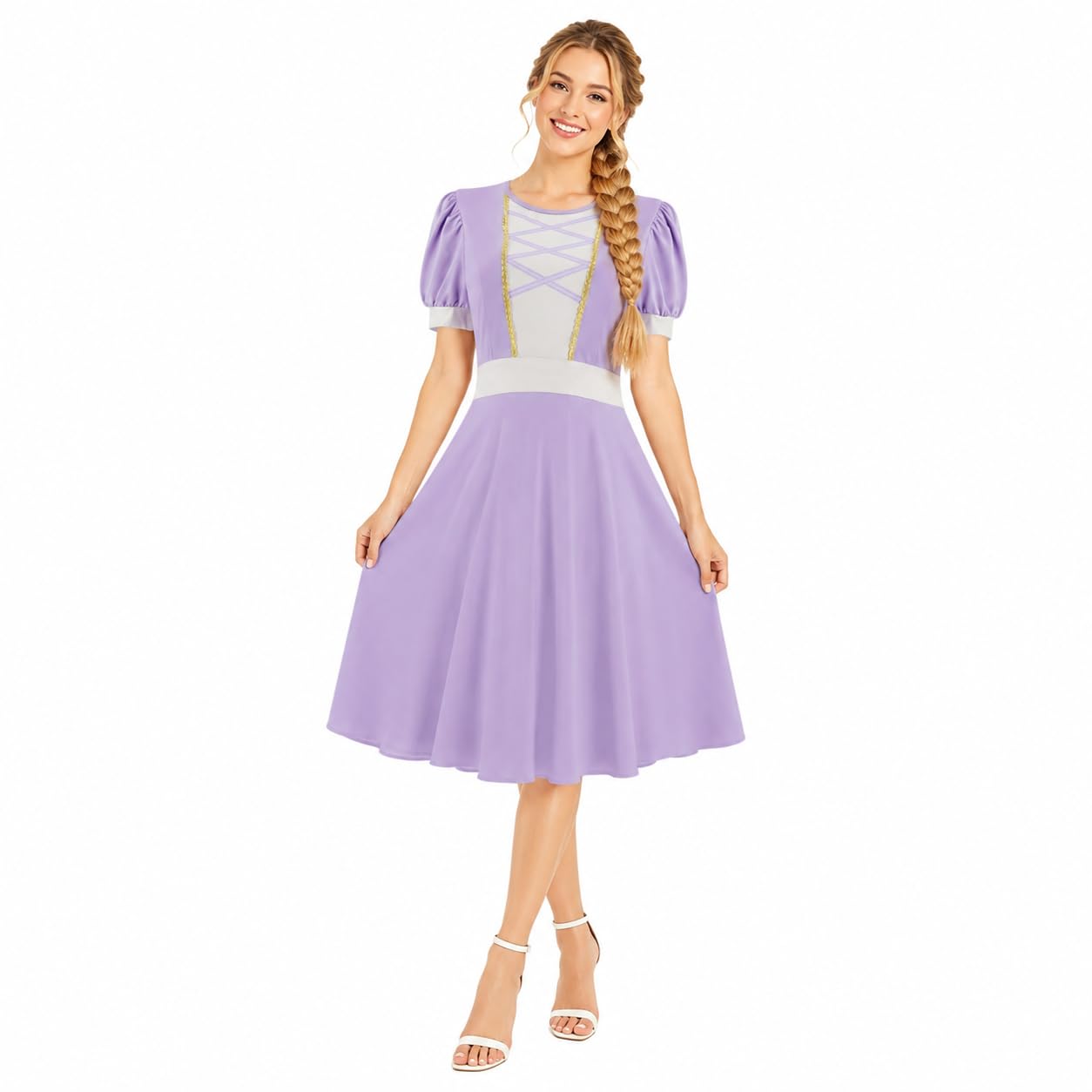 Saephaw Rapunzel Costume Women Printed Purple Princess Dress Puff Sleeves Twirl Skirt Gown Halloween Cosplay Party Dress L